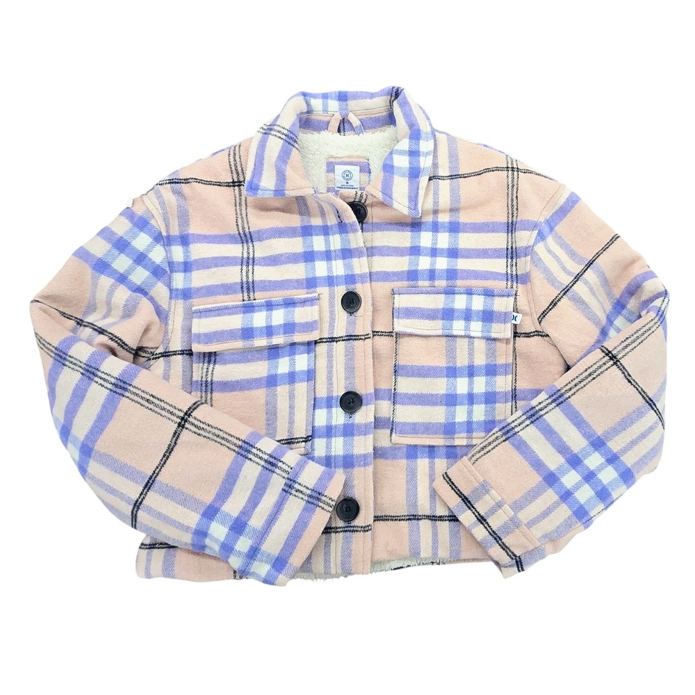 $79 SHACKET Hurley Plaid Sherpa Lined Jacket Button‎ Up Pink Blue Teddy Coat M